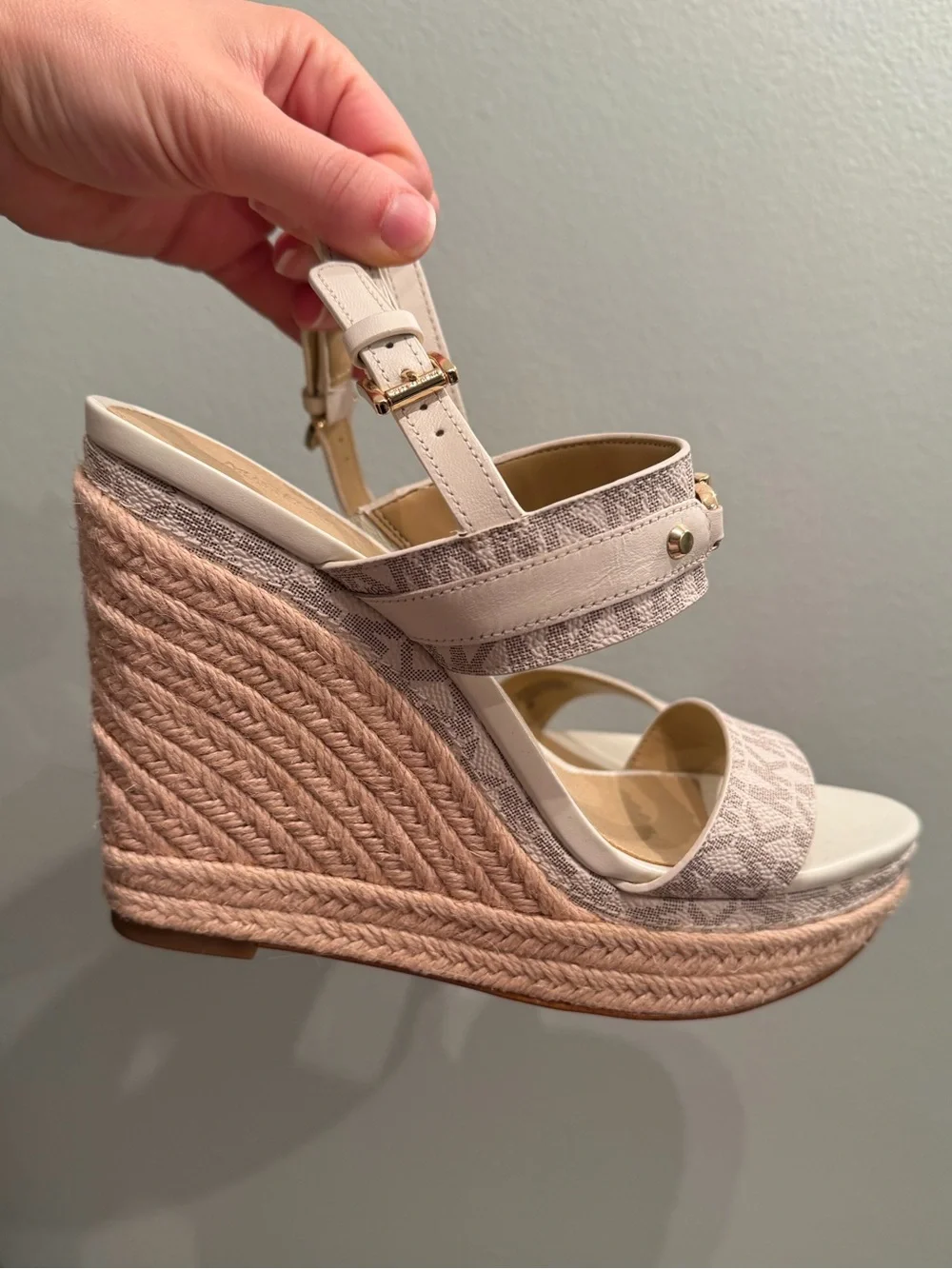 Michael Kors Beige and White Logo Espadrille Wedge Sandals